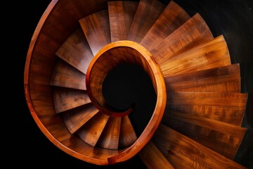 Detailed view of a wooden spiral staircase, showcasing the intricate spiral design and wood grain texture.
