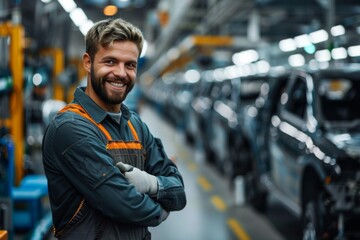 group 45 years old smiling man mechanical engineer working in automobile working line, multinational automobile manufacturing company. background of whole automobile factory line and people working on