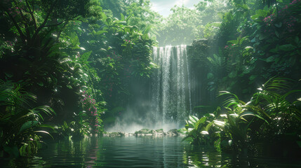 A breathtaking landscape of a powerful waterfall cascading into a tranquil river surrounded by vibrant greenery and sunlight filtering through the trees..