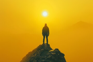 Silhouette of Man on Mountain Top Yellow BG