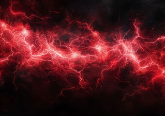 red and lightning strand on a black background, in the style of solarization, electric - obrazy, fototapety, plakaty