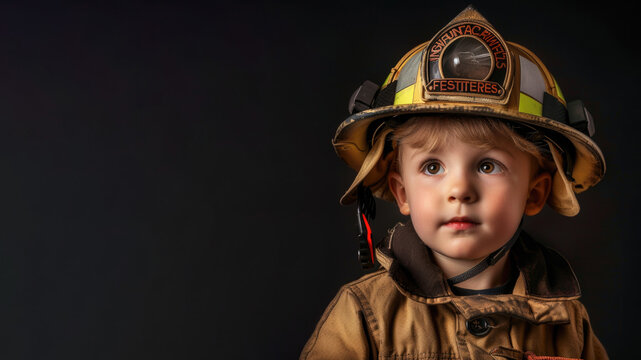 picture of little boy dressed up as a fireman isolated on black background