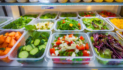 Ready-to-eat vegetable salads in plastic boxes. Nutritious meals. Organic and natural products. Tasty food.