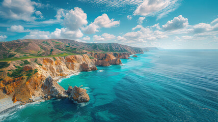 Aerial shot of vibrant green cliffs descending into the stunning turquoise waters of a serene...