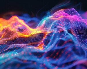 Illustration of an ethereal wave glowing with the colors of the blockchain symbolizing the revolutionary wave Bitcoin brings to technology - obrazy, fototapety, plakaty