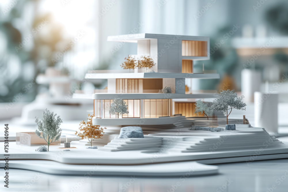 Aufkleber elegantly displays an architectural model of a contemporary house, highlighting the intricate interi