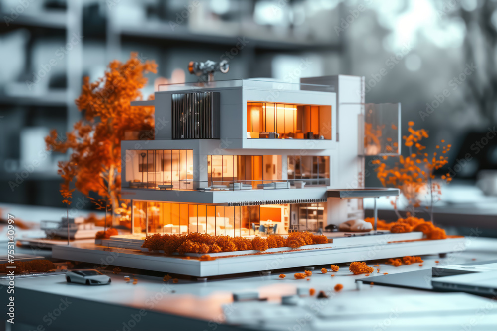 Poster elegantly displays an architectural model of a contemporary house, highlighting the intricate interior details and modern design elements set in a professional workspace