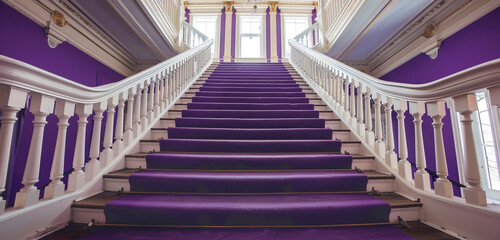 A grand staircase inside a Cleveland Colonial Revival home, with steps covered in royal purple...