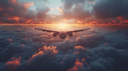 view from airliner window in morning. Airplane flight. Wing of airplane flying above clouds with sun. Airplane, Aircraft. Traveling by air. Flying above the clouds. View from window  - obrazy, fototapety, plakaty