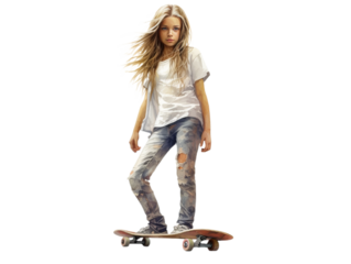 Young cool girl wear trendy outfit with skateboard and cap on the head