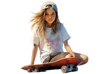 Young cool girl wear trendy outfit with skateboard and cap on the head