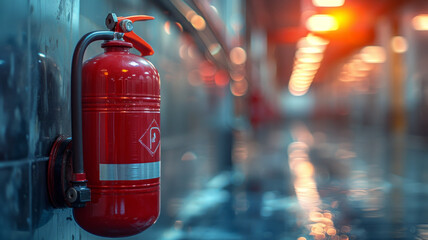 Fire extinguisher hanging on an office wall, safety measures at work. Fire emergency,generative ai - obrazy, fototapety, plakaty