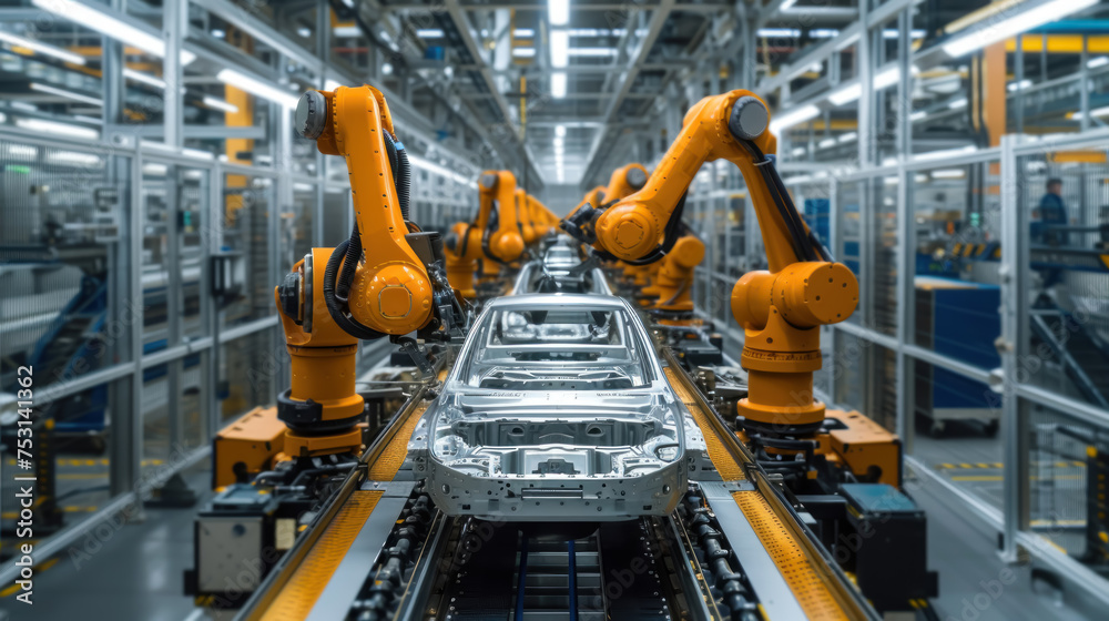 Aufkleber automated robotics arms efficiently assembling a car on a production line, showcasing precision and 