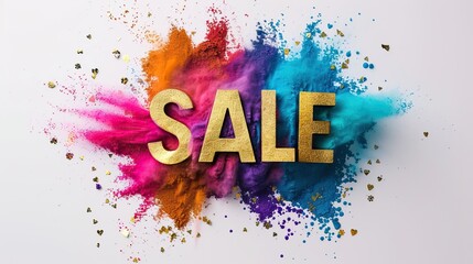 A colorful explosion of powder surrounds the golden text "SALE"