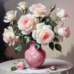 Illustration of beautiful white roses in pink vase on table