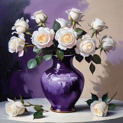 Illustration of beautiful white roses in purple vase on table