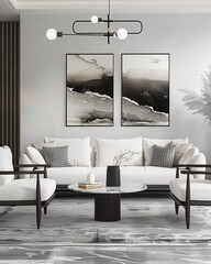 Vertical Frame Mockup for Wall Art in Modern Classic Living Room Interior. Canvas Poster Mockup on Molding Wall in Modern Luxury Black and White Design, Sofa Furnitures