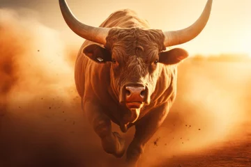 Foto op Aluminium A large bull raises dust with its furious running against the backdrop of sunset rays, a symbol of the state of Texas, bullfighting © Sunny