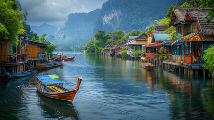 Traditional wooden boats floating by stilt houses in a peaceful waterfront village against a backdrop of lush mountains..