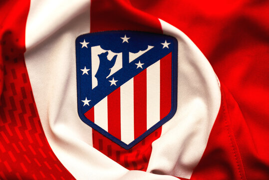 Closeup of Atletico de Madrid Football Club crest on the sports shirt