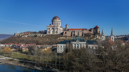 Aerial photos of the Basilica of Esztergom in Hungary on a sunny winter day.
Esztegomi Bazilika, Duna, Danube, Bridge, Hungary.