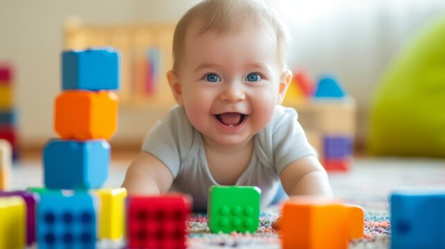 Portrait of a happy baby child among colorful Lego cubes on a bright background