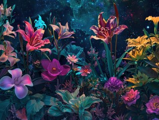 Obraz na płótnie Canvas Surreal digital art of flowers with exaggerated vivid colors against a neon backdrop a fantasy garden under starlight