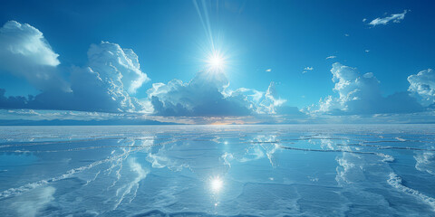The Uyuni Salt Flats in Bolivia create a perfect mirror reflection of the sky and clouds on the ground, under the bright sun..