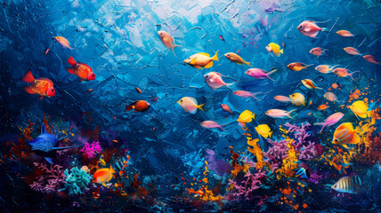 Fototapeta na wymiar An abstract oil painting featuring a school of colorful tropical fish swimming in a vivid, textured underwater scene..