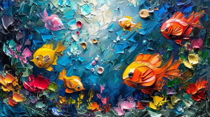 Obraz na płótnie Canvas An abstract oil painting featuring a school of colorful tropical fish swimming in a vivid, textured underwater scene..