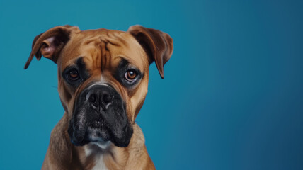 Fototapeta premium Advertising shot, portrait of sad dog looking straight into the camera isolated on solid blue background