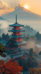 Fototapeta premium a sunrise morning coming from the Mount Fuji, in the style of ultra dramatic light, where the nature meets with the Tokyo architecture,generative ai