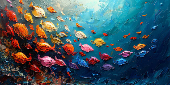 An abstract oil painting featuring a school of colorful tropical fish swimming in a vivid, textured underwater scene..