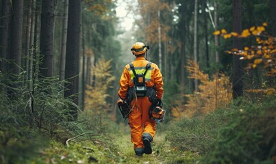 Forrest worker in orange protect suit holding chainsaw in his hand,