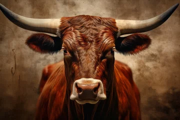 Rolgordijnen A large bull against the background of the American flag as a symbol of the state of Texas. Revolution or bullfight concept © Sunny