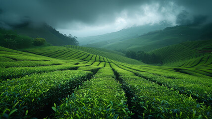 Fototapeta na wymiar Lush green tea plantations cover undulating hills against a cloudy sky, evoking serenity and agricultural beauty..