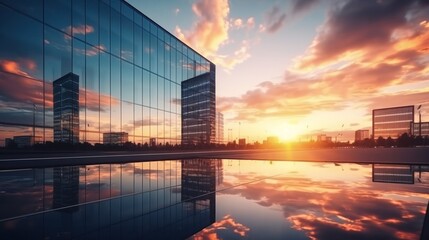 Fototapeta premium Modern office building or business center. High-rise window buildings made of glass reflect the clouds and the sunlight. empty street outside wall modernity civilization. growing up business