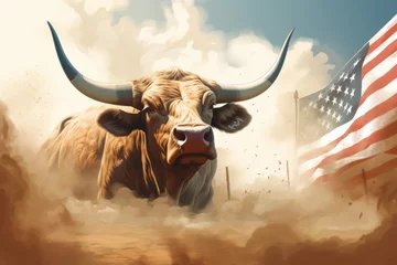 Zelfklevend Fotobehang A large bull against the background of the American flag as a symbol of the state of Texas. Revolution or bullfight concept © Sunny