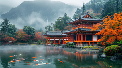 Obraz premium Serene Japanese temple with Mount Fuji, koi, sakura.generative ai