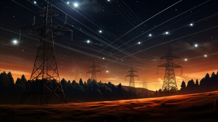 Electricity transmission towers with orange glowing wires the starry night sky. Energy infrastructure concept, energy, electricity, voltage, supply, pylon, technology - 753143382