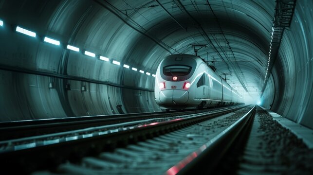 High speed train running inside a dark tunnel, headlights on, cables on top of the train, two parallel railway tracks of equal size, high quality photograph taken with medium format camera.