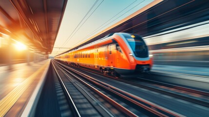 High speed orange train in motion on the railway station at sunset. Modern intercity passenger train with motion blur effect on the railway platform. Industrial. Railroad in Europe. Transport.