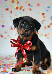 Advertising portrait of a sad rottweiler puppy advertising shot. A brown dog with red bow looks sadly sitting and colored confetti at the background