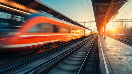 High speed orange train in motion on the railway station at sunset. Modern intercity passenger train with motion blur effect on the railway platform. Industrial. Railroad in Europe. Transport.