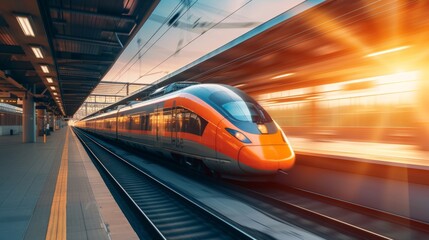 High speed orange train in motion on the railway station at sunset. Modern intercity passenger train with motion blur effect on the railway platform. Industrial. Railroad in Europe. Transport. - obrazy, fototapety, plakaty