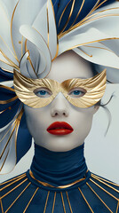 A woman with a gold mask featuring wing designs on her face Head, Chin, Eyebrow, Eye, Eyelash, Jaw, Vision care, Eyewear, Hairstyle, and Headgear are all visible
