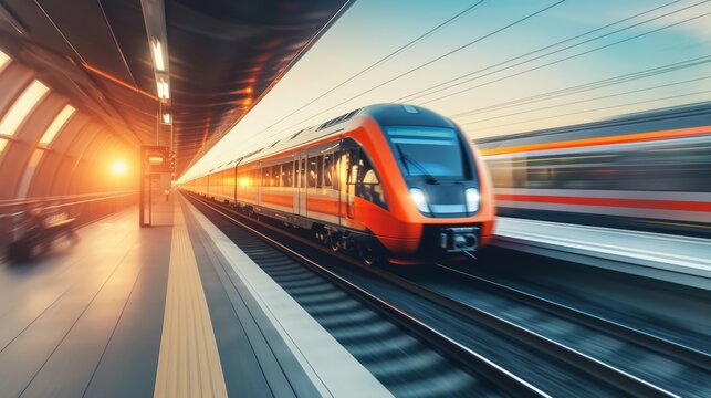 High speed orange train in motion on the railway station at sunset. Modern intercity passenger train with motion blur effect on the railway platform. Industrial. Railroad in Europe. Transport.