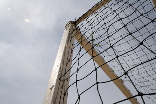 This is a photo of the top corner of a soccer goal