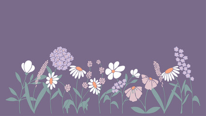 Multicolored pastel botanic pattern of flowers, plants in flat style. Elegant, aesthetic, stylish hand drawing doodles of vector vintage botanical elements.  