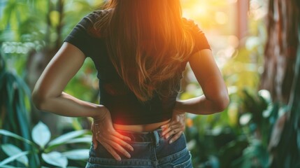  woman holding her lower back while and suffer from unbearable pain health and problems, chronic back pain, backache in office syndrome, scoliosis, herniated disc, muscle inflammation - obrazy, fototapety, plakaty
